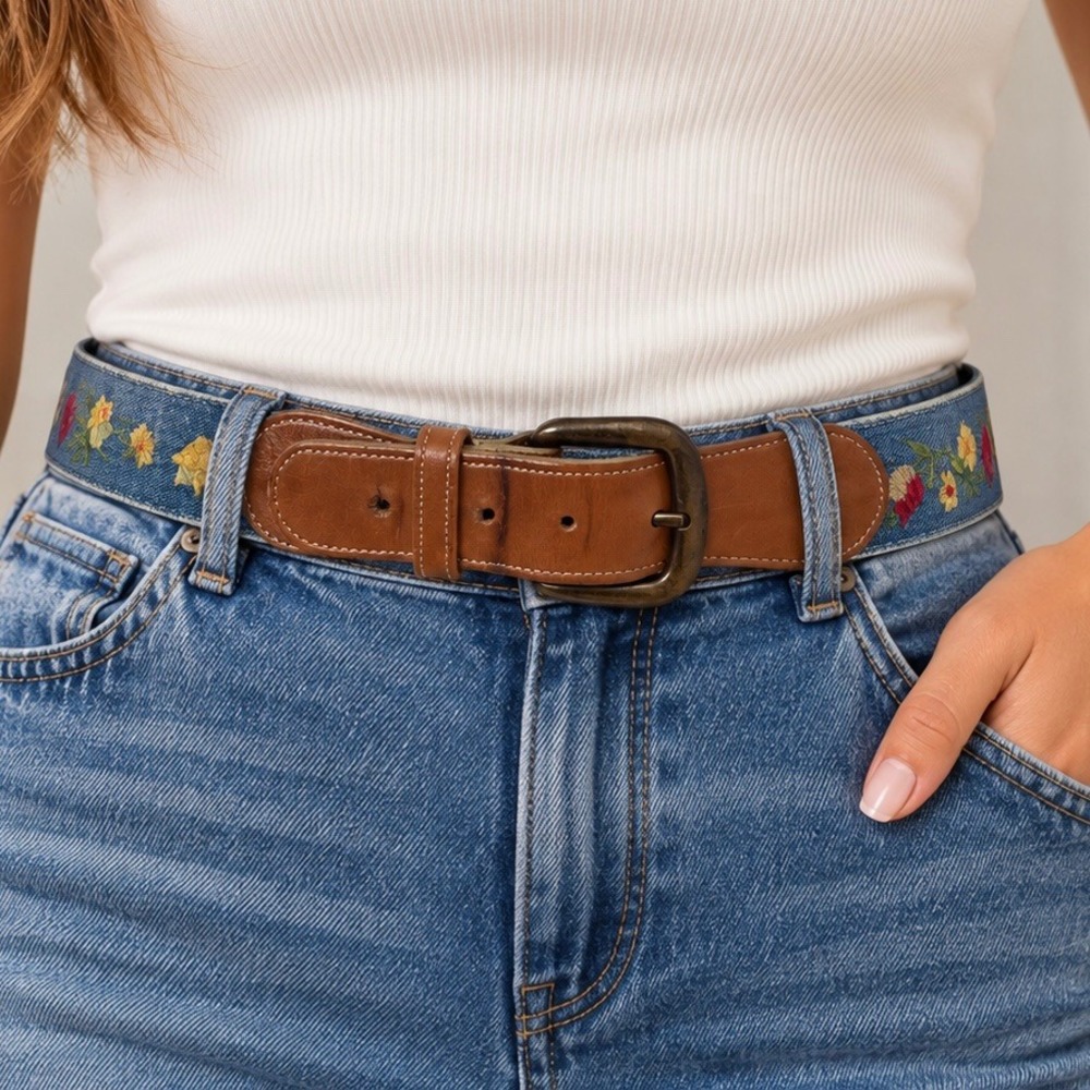 Vintage Denim Floral Embroidered Belt Leather Trim 36 09-8628 44 Cottagecore